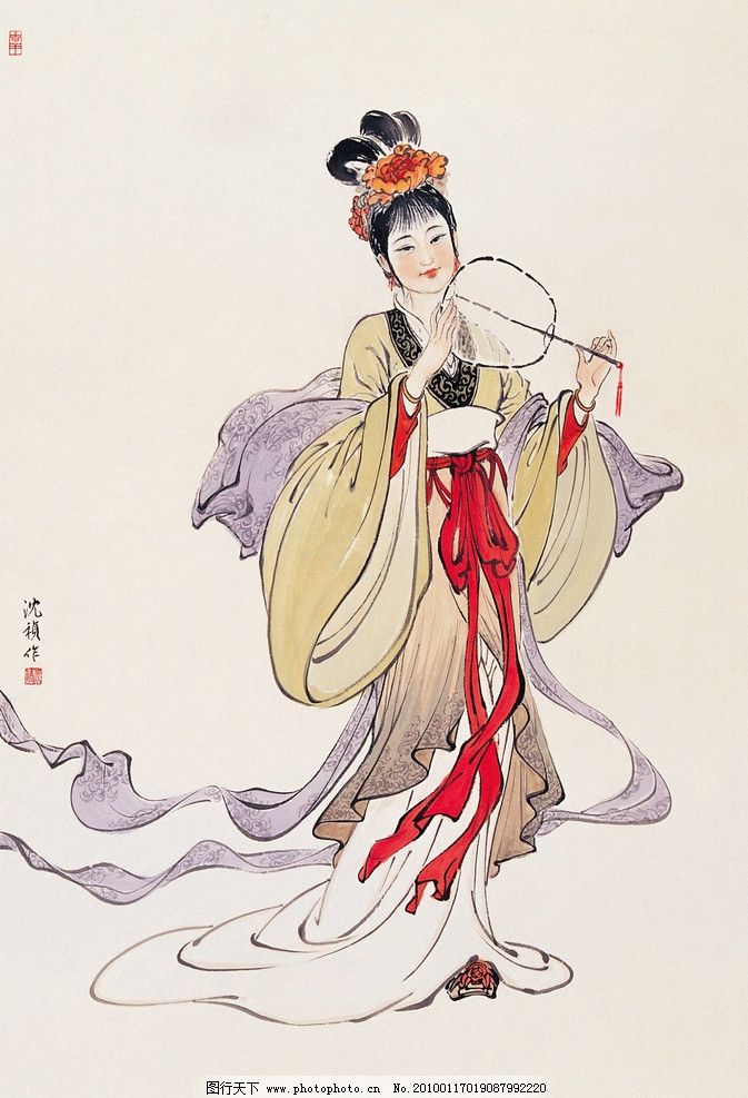 执扇仕女 国画 写意 图案 绘画 古典 神话传说 人物 中国风 绘画书法