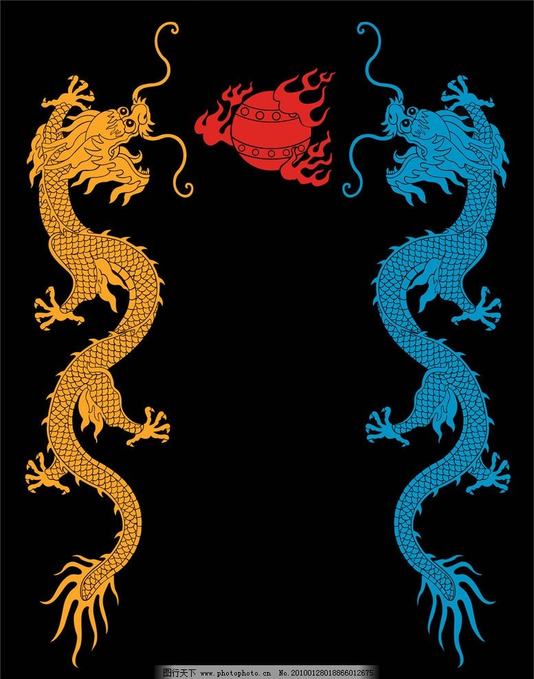 二龙戏珠 龙 图腾 剪影 剪纸 黑白画 古代 经典 传统文化 文化艺术 矢