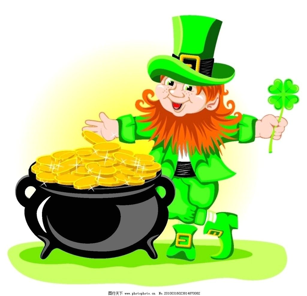 帕特里克绿色小矮人四叶草金币图片_家庭生活_人物形象-图行天下素材网